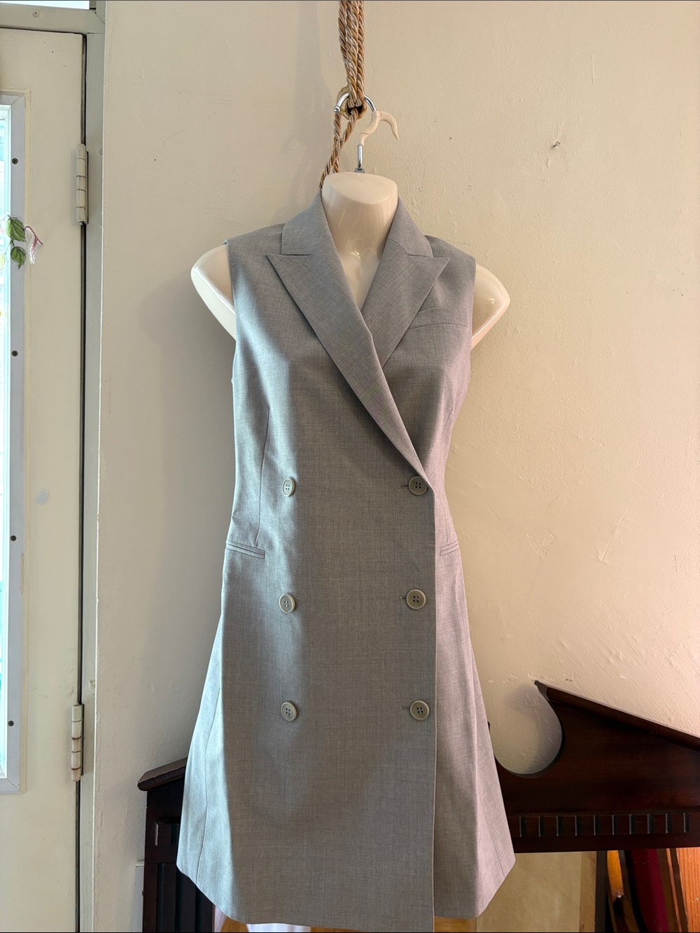 Theory Light Gray Double-Breasted Sleeveless Midi Dress.  95. Wool